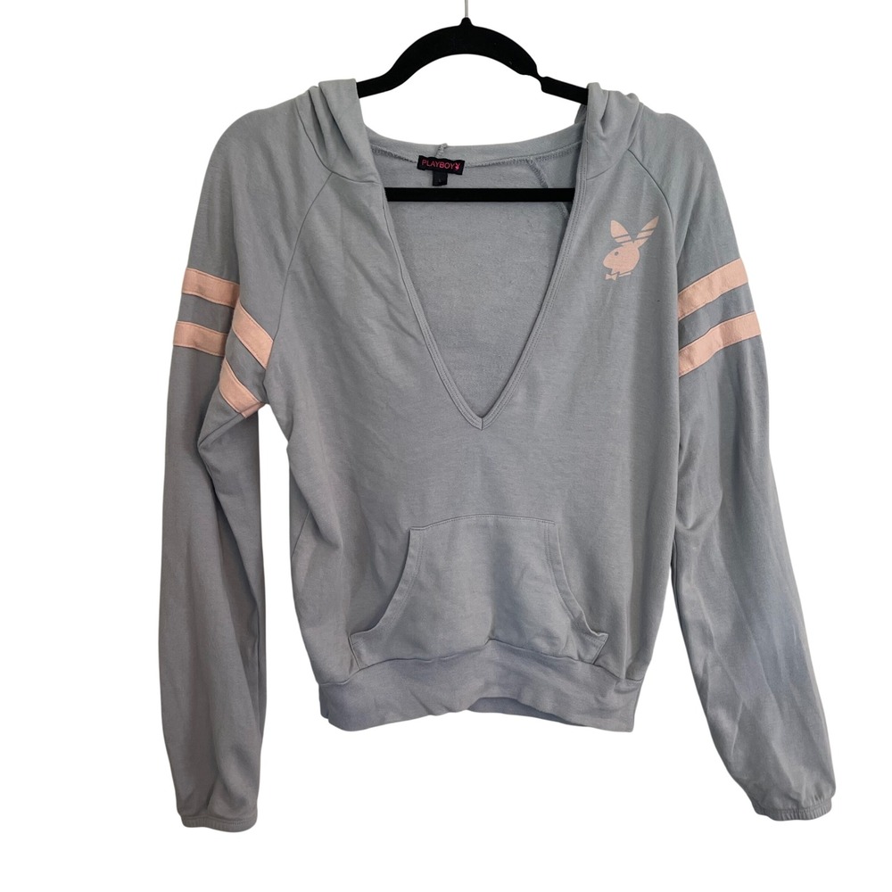 Playboy Womens Blue Grey Deep V-Neck Hoodie Pink Stripe Bunny Logo Size L USA